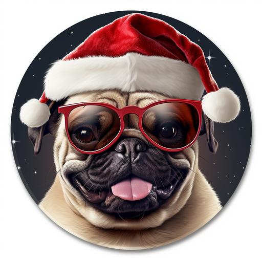 a realistic photo of a pug dog wearing sunglasses and a santa hat, inside of a circle with a white background