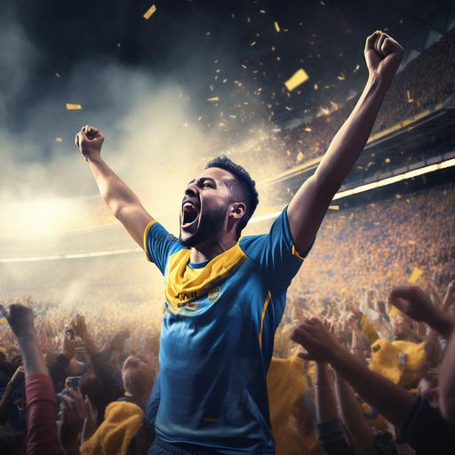 a realistic photo of a soccer player with a blue and yellow jersey celebrating the victory in real stadium full of people