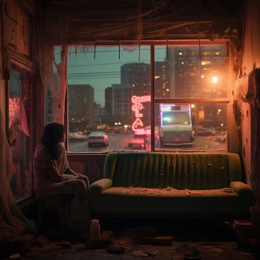a realistic photo of a woman sitting on a sofa in front of a shabby apartment. The apartment is very old, and poor. Through a small, dilapidated window in the background, we see the city, the neon of a bowling alley sign and a passing streetcar.