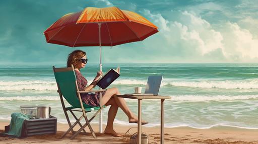a realistic photo of a young woman sitting on a beach chair under an umbrella, with a laptop and a cold drink on a small table next to them. In the background, there could be a beautiful beach scene with the waves gently crashing against the shore. --aspect 16:9 --q 2 --s 750 --v 5.1