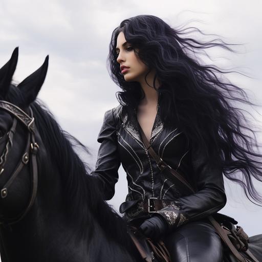 a realistic photo of a young woman with true-purple hair and a chin ceft-chin dimple wearing all black and riding a white horse. Side profile. Ultra realistic. Perfect detail. Outdoors.
