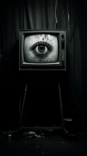 a realistic photo of an old TV that has antennas with a terrified looking human eye pictured on the screen. The image has static. It is in black and white with high contrast --ar 9:16
