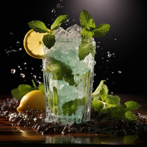 a realistic photo of mojito is a symphony of fresh and bright colors. In a tall clear glass, the bright green of freshly muddled mint leaves contrasts with the gentle translucent glow of the liquid. Pieces of lime, cut into wedges or slices, float amidst the crushed ice, adding a visual hint of tartness. The gentle effervescence from the soda water sparkles the cocktail, creating small bubbles that rise to the surface. The whole is often topped with a lime slice or a sprig of mint, adding a stylish finishing touch. With its distinct layers of color and varied textures, the drink is as pleasing to the eye as it is to taste. --s 750