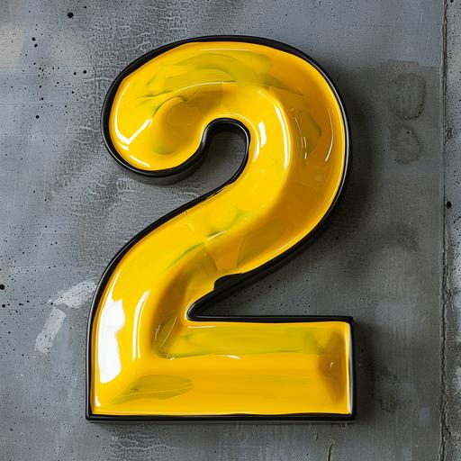 a realistic photo of the 3d painted in the yellow vinil shape of the number 2 with a thin black border