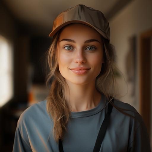 a realistic photo of this woman with gray-blue eyes, baseball hat, wearing work clothes as a builder, small smile