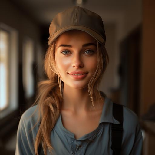 a realistic photo of this woman with gray-blue eyes, baseball hat, wearing work clothes as a builder, small smile