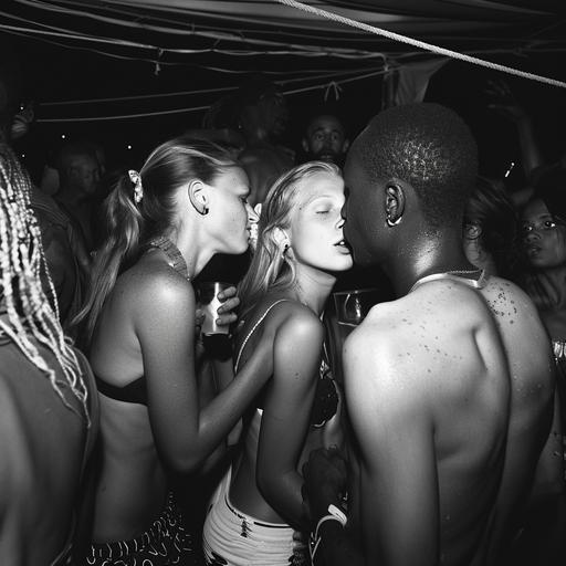 a realistic photo of two Swedish girls kissing black men in a dancehall party in Capetown