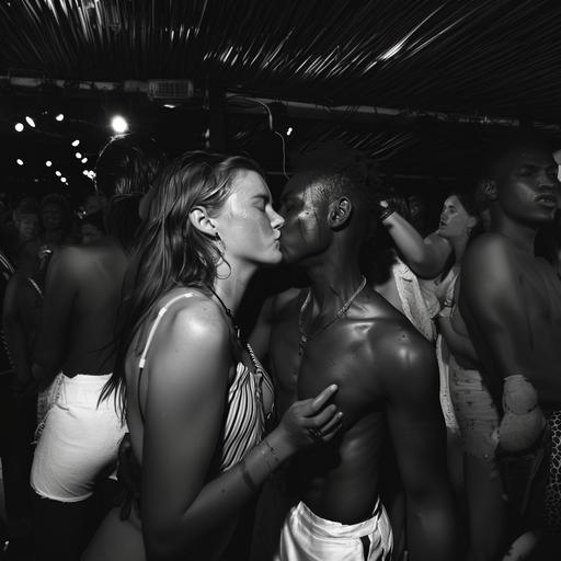 a realistic photo of two Swedish girls kissing black men in a dancehall party in Capetown