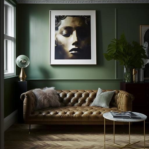a realistic photograph, living room, mid-century modern, Sven brown leather sofa from article.com, wooden floor, room designed by Kelly Hoppen, abstract art on the wall, light green wall, gold ascent, bring light, cozy, luxury.