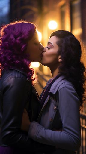 a realistic photograph, romantic lighting, of two women in an intimate embrace, kissing. Woman 1 is a short white/latina young girl aged 22, with ombre purple hair and a chin dimple/ chin cleft. Woman 2 is a taller woman aged 35 with black hair, square jaw, high cheek bones, and plump lips. They are outside in the afternoon in Ojai California on a farm/ ranch pasture. --ar 9:16