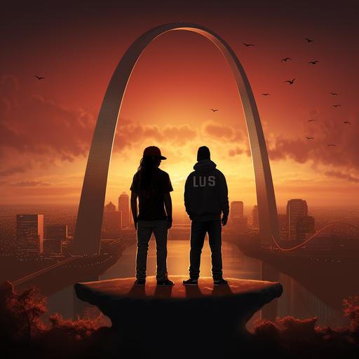 a realistic picture of hip hop duo Souls of Liberty standing on top of the St. Louis arch. It's a shadowy picture so we can't really see their face. one has on a hat, the other has locs.