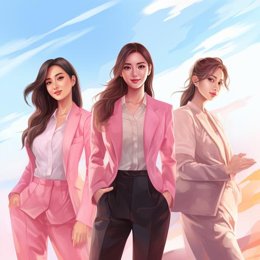 a realistic picture which 4 different style of healthy asian girl stand together with glass skin confident smile. backgound is pink bling ocean. one is college girl, one is white collar office lady, one is athletic, one is doctor