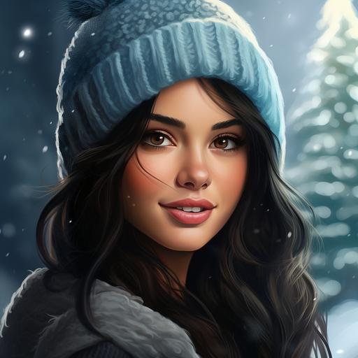a realistic portrait of beautiful dark haired,tan skinned woman with aqua blue eyes and full cheeks and lips wearing a Toboggan hat . Christmas background
