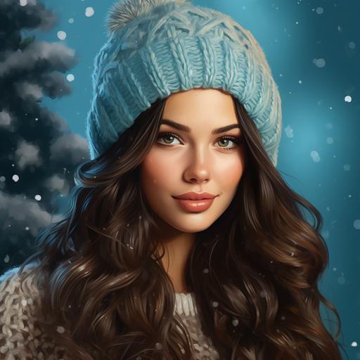 a realistic portrait of beautiful dark haired,tan skinned woman with aqua blue eyes and full cheeks and lips wearing a Toboggan hat . Christmas background