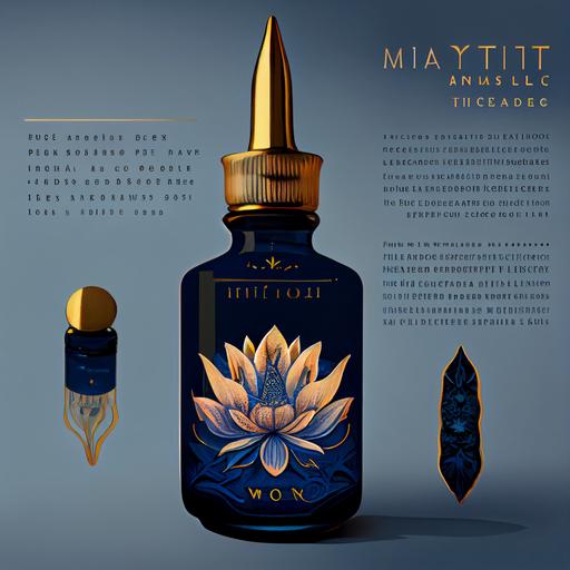a realistic product advertisement of a blue lotus tincture, labeled Wildcraft Mystix on the amber dropper bottle --upbeta --v 4