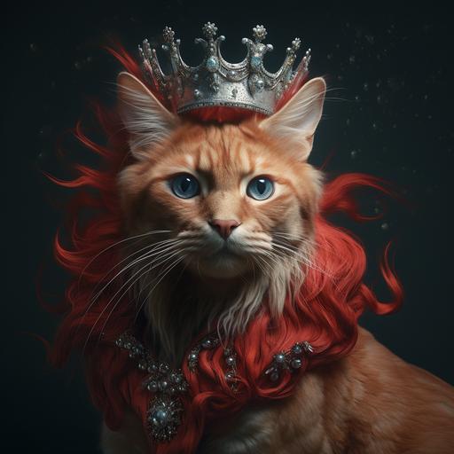 a realistic red cat mermaid with a crown and an awesome mermaidstail