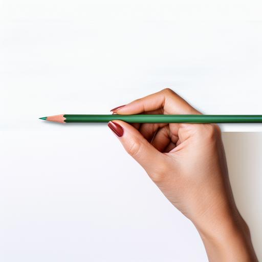 a realistic single woman hand holding a green colored pencil poised to start over a blank page. White background. --s 50