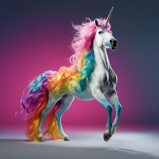 a realistic unicorn on a solid background with rainbow hair and standing on hind legs. Photographed with a canon 5ds 4k
