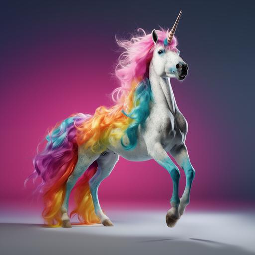 a realistic unicorn on a solid background with rainbow hair and standing on hind legs. Photographed with a canon 5ds 4k