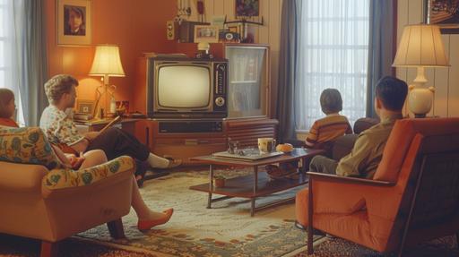 a realistic vintage photo of a family watching TV in the 1960's in their living room --ar 16:9