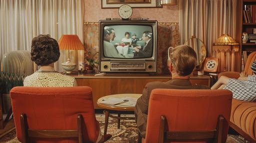 a realistic vintage photo of a family watching TV in the 1960's in their living room --ar 16:9