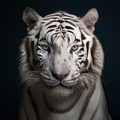 a realistic white tiger with blue eyes facing forward