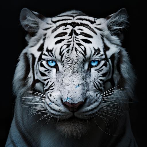 a realistic white tiger with blue eyes facing forward