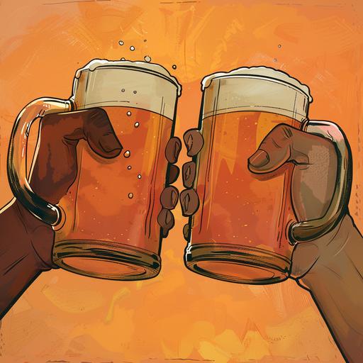 a realistic yet cartoon drawing of 2 large glass beer mugs, full of beer, doing a cheers. You'll see just the hands holding the beer mugs and nothing else of the people, the main focus is on the glass beer mugs. The two hands should be of people of 2 different races. The background of the drawing should be of an orange-ish hue with simple, yet cool texture within the background, --v 6.0