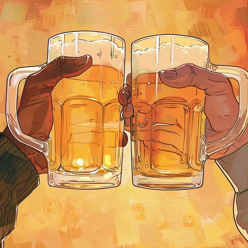 a realistic yet cartoon drawing of 2 large glass beer mugs, full of beer, doing a cheers. You'll see just the hands holding the beer mugs and nothing else of the people, the main focus is on the glass beer mugs. The two hands should be of people of 2 different races. The background of the drawing should be of an orange-ish hue with simple, yet cool texture within the background, --v 6.0