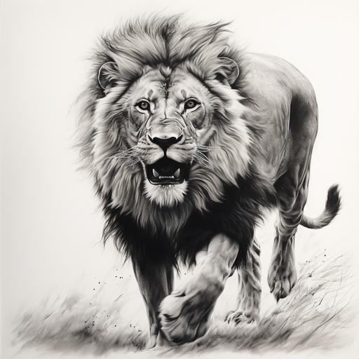 a realistioc wild lion with in a running tame, wild and free in black and white