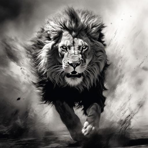 a realistioc wild lion with in a running tame, wild and free in black and white