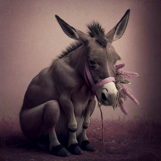 a really sad donkey eating thistles. His tail fell off and has a pink bow tied around it