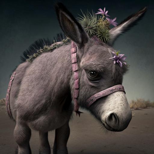 a really sad donkey eating thistles. His tail fell off and has a pink bow tied around it