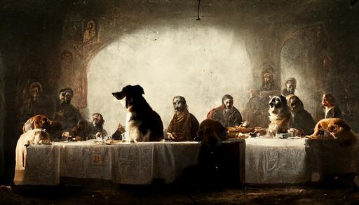 a recreation of the Last Supper in a world of only dogs :: a photograph of the Last Supper with dogs :: historical photograph revealed, phenomenal photo, cinematic dramatic lighting, Jesus is there with the whole crew, but doge --ar 16:9