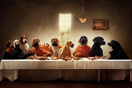 a recreation of the Last Supper in a world of only dogs, photograph, epic, phenomenal photo, cinematic, post-production lighting, dramatic lighting, dogs only, photorealistic, unbelievable, impossible photography, surrealist photography --ar 16:9 --test --creative --upbeta