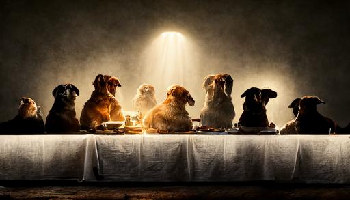 a recreation of the Last Supper in a world of only dogs, photograph, epic, phenomenal photo, cinematic, post-production lighting, dramatic lighting, dogs only, photorealistic, unbelievable, impossible photography, surrealist photography --ar 16:9