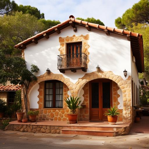 a rectangular house with one side 1.618 times the other side, catalan vault style, big eaves, wood rafters, spanish tile roof.