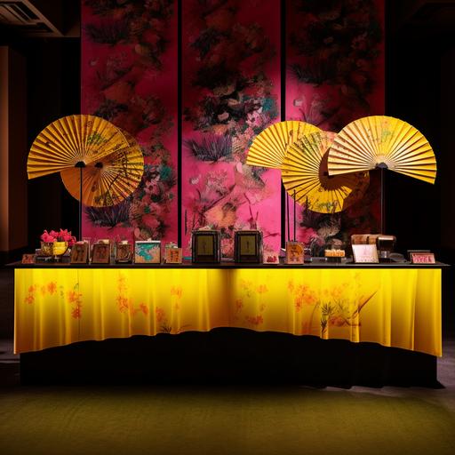 a rectangular registration counter dressed in a chinese rich yellow silk table cloth. On the left and right of the table, there are two black stands showcasing an array of pink, turqoise and yellow chinese fans displayed in a beautiful fanned out manner. The background is a dim setting of a night club.