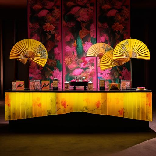 a rectangular registration counter dressed in a chinese rich yellow silk table cloth. On the left and right of the table, there are two black stands showcasing an array of pink, turqoise and yellow chinese fans displayed in a beautiful fanned out manner. The background is a dim setting of a night club.