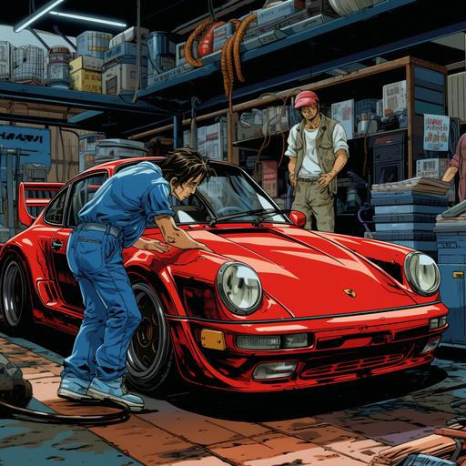 a red 1990 porsche 959 half way sitting into a japanese garage being worked in by 2 guys in blue overalls, manga artstyle, colorful, manga, comic, anime, initial D, comic book