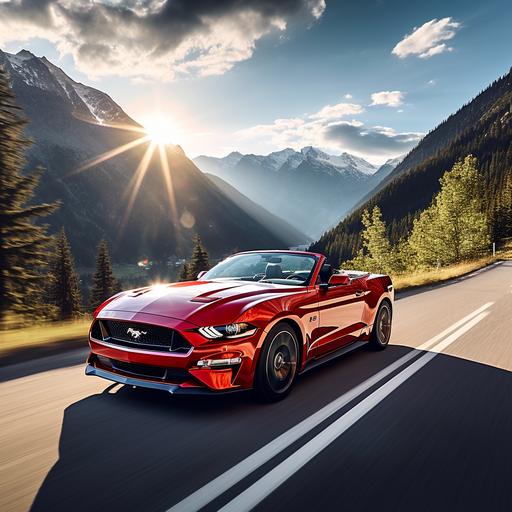 a red 2016 mustang convertible driving up a mountain pass in bright sunshine