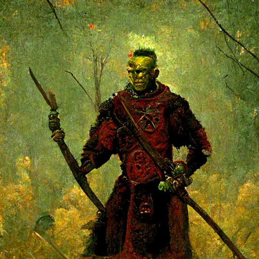 a red Orc wearing a surgeon's outfit, with a white mohawk, three earrings, scar on his left eye, carrying a black great axe, with a gold and green background
