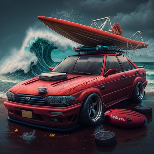 a red Toyota Surf car is on the sea and a shark is in this car and a surf board is on the top of this car, midnight, realistic, high resolution, typhoon day, in detailed