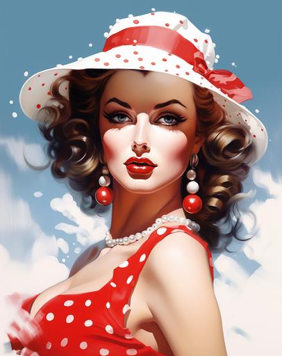 a red and white and hat painted by adam and jonas scott, in the style of glamorous pin-ups, realistic yet stylized, seaside vistas, colorful cartoon, strong facial expression, solarization effect, polka dots, hypermaximalist watercolor --ar 92:117 --s 450 --c 10 --v 5.2