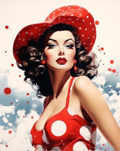 a red and white and hat painted by adam and jonas scott, in the style of glamorous pin-ups, realistic yet stylized, seaside vistas, colorful cartoon, strong facial expression, solarization effect, polka dots, hypermaximalist watercolor --ar 92:117 --s 450 --c 10 --v 5.2