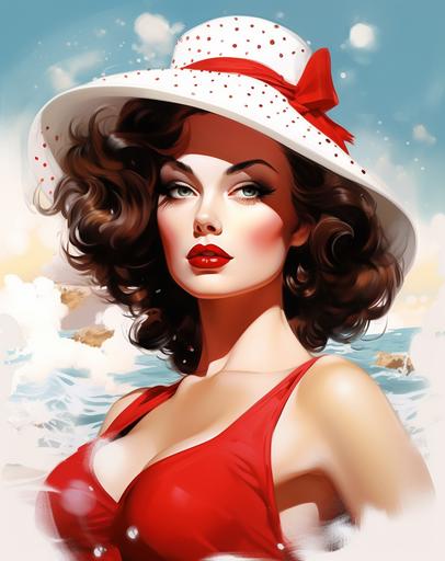 a red and white and hat painted by adam and jonas scott, in the style of glamorous pin-ups, realistic yet stylized, seaside vistas, colorful cartoon, strong facial expression, solarization effect, polka dots, hypermaximalist watercolor --ar 92:117 --s 450 --c 10 --v 5.2