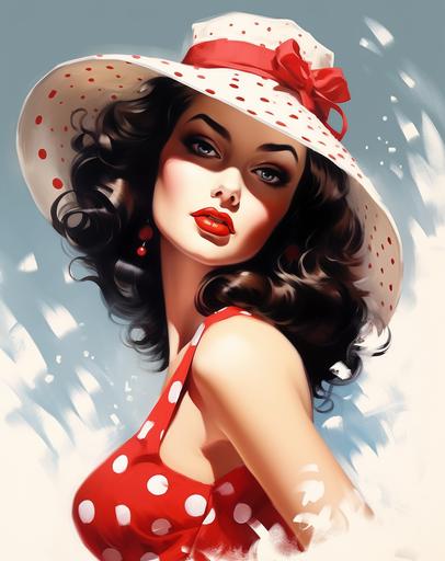 a red and white and hat painted by adam and jonas scott, in the style of glamorous pin-ups, realistic yet stylized, seaside vistas, colorful cartoon, strong facial expression, solarization effect, polka dots, hypermaximalist watercolor --ar 92:117 --s 450 --c 10 --v 5.2