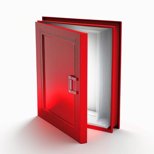 a red book inside a red metal box with a glass door, emergency fire red, catalog style photo, professional photo, simple, white background. --q 2