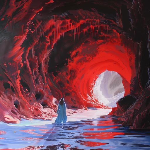 a red cave where human ancestors slept in there and a woman in blue coming out of the cave, there is ice outside--ar 16:9 --v 6.0