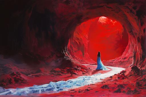 a red cave where human ancestors slept in there and a woman in blue coming out of the cave, there is ice outside--ar 16:9 --v 6.0 --ar 3:2